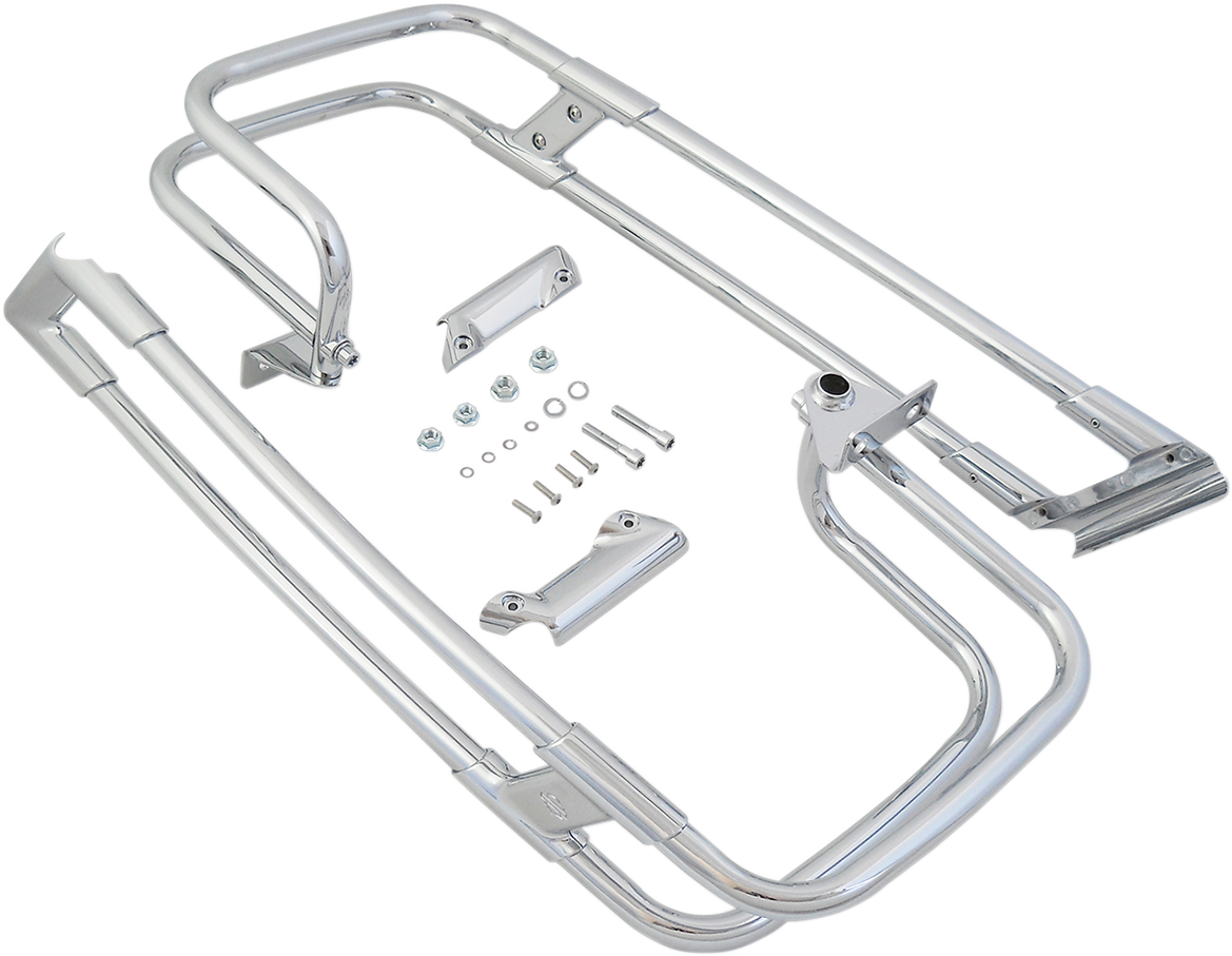 Chrome Saddlebag Guard Rails for Harley FL 2014-2024 by Drag Specialties, showing the guard rails mounted on the motorcycle.