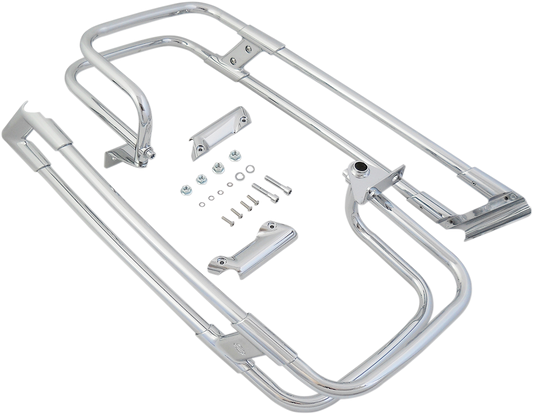 Chrome Saddlebag Guard Rails for Harley FL 2014-2024 by Drag Specialties, showing the guard rails mounted on the motorcycle.