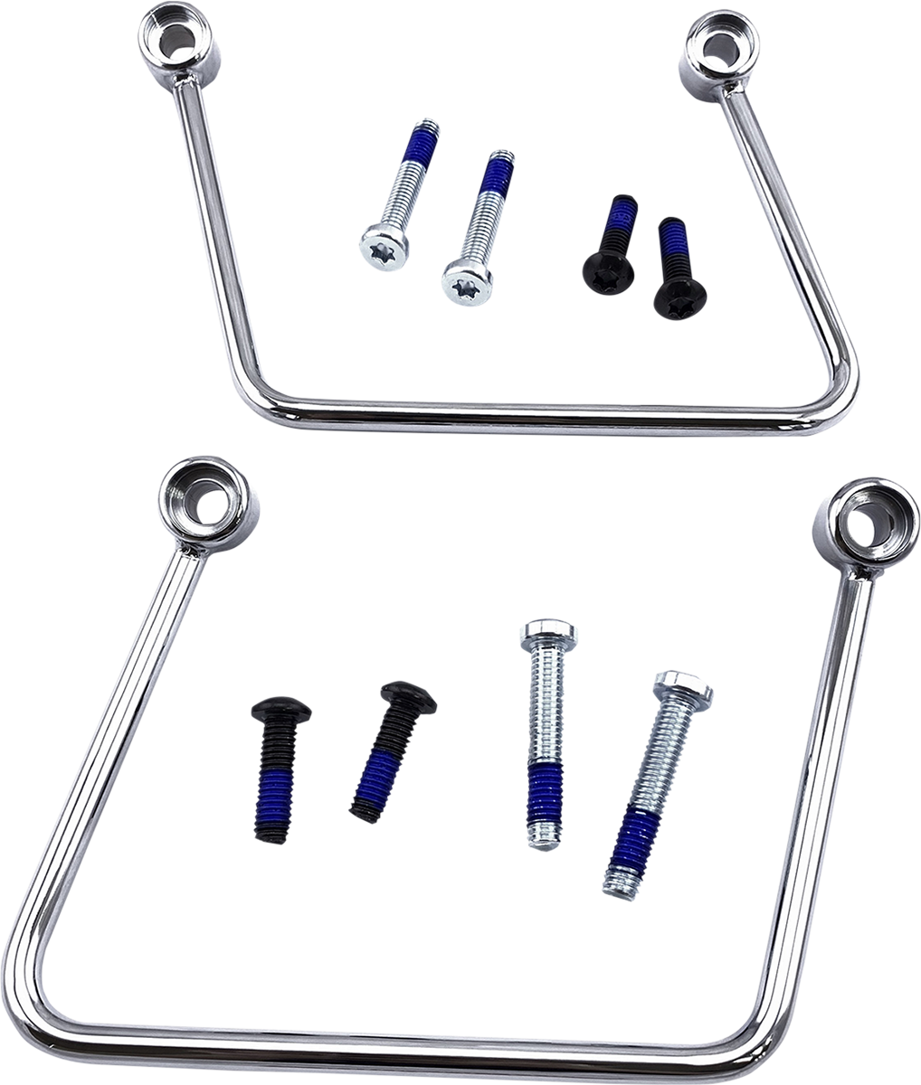 Chrome saddlebag support kit for Harley FL/FX models 2018-2023 by DRAG SPECIALTIES, shown mounted on a motorcycle.