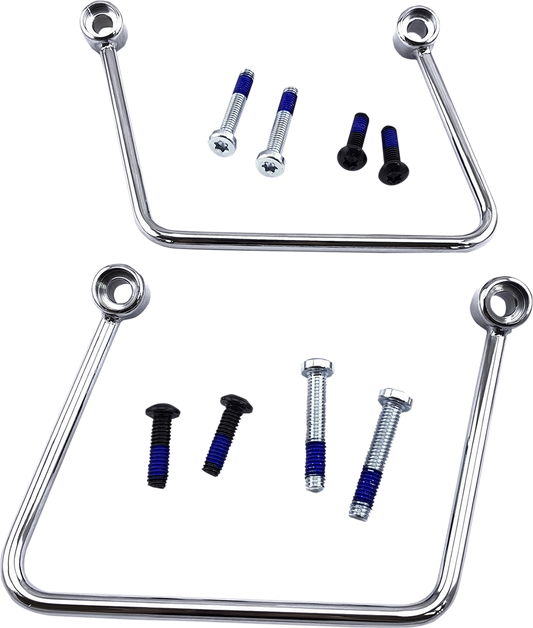 Chrome saddlebag support kit for Harley FL/FX models 2018-2023 by DRAG SPECIALTIES, shown mounted on a motorcycle.