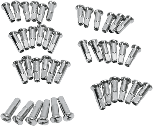 Drag Specialties stainless steel spoke nipples, extra long model 160500SSE42-HC3, shown on a wheel rim for motorcycle customization.