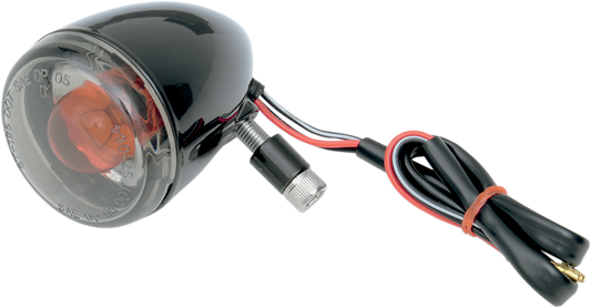 DRAG SPECIALTIES front 1157 turn signal in glossy black for motorcycle, showing the sleek, durable LED design with mounting bracket.