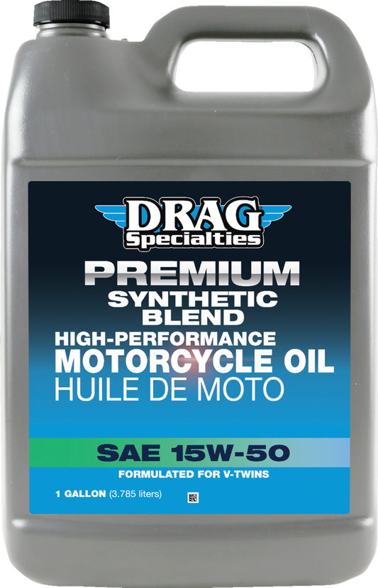 Drag Specialties 15W-50 motorcycle oil for Harley-Davidson Revolution Max engines in a 1-gallon container.