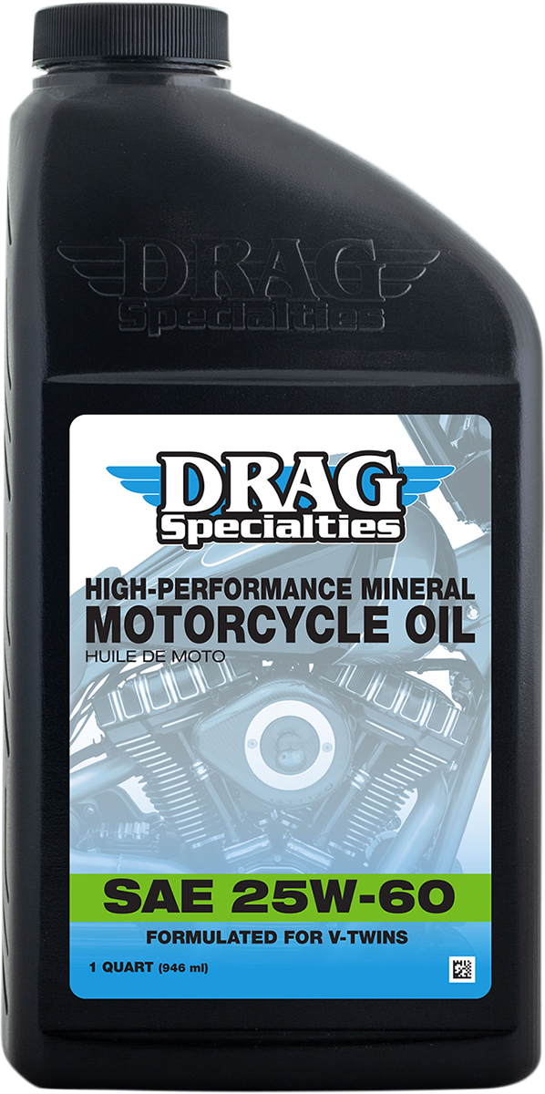 Drag Specialties 25W-60 engine oil for Harley-Davidson motorcycles in a container with a black cap and label.