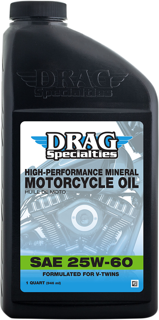 Drag Specialties 25W-60 engine oil for Harley-Davidson motorcycles in a container with a black cap and label.