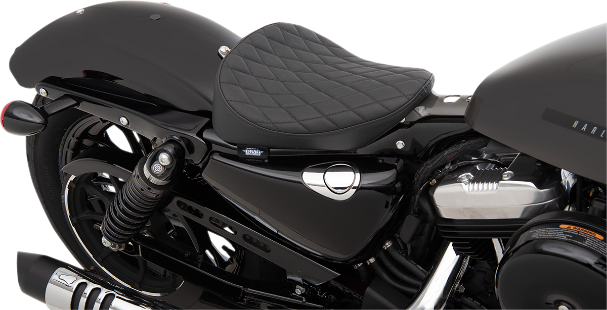 Drag Specialties Bobber Solo Seat with diamond stitch for Harley XL models 2010-2022, showcasing the black leather seat.