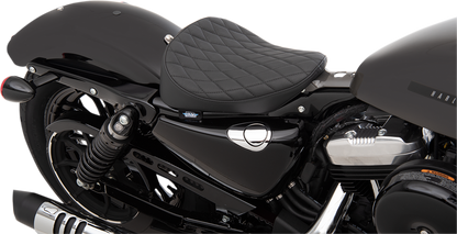 Drag Specialties Bobber Solo Seat with diamond stitch for Harley XL models 2010-2022, showcasing the black leather seat.