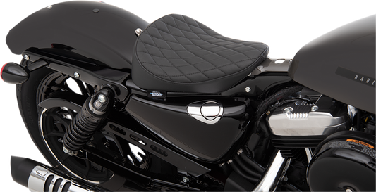 Drag Specialties Bobber Solo Seat with diamond stitch for Harley XL models 2010-2022, showcasing the black leather seat.