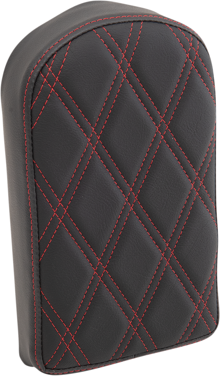 Drag Specialties Seats Double Diamond Red Sissy Bar Pad showing textured red upholstery and mounting hardware for motorcycle sissy bars.