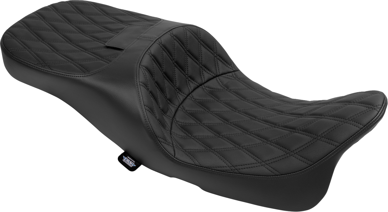 Drag Specialties extended reach Freedom seat for FLT/FLH motorcycles, black vinyl with double diamond stitching, part 4696B.