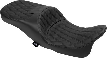 Drag Specialties extended reach Freedom seat for FLT/FLH motorcycles, black vinyl with double diamond stitching, part 4696B.