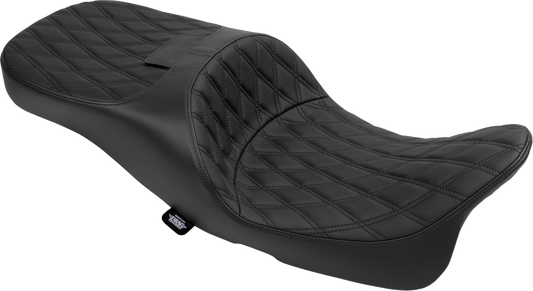 Drag Specialties extended reach Freedom seat for FLT/FLH motorcycles, black vinyl with double diamond stitching, part 4696B.