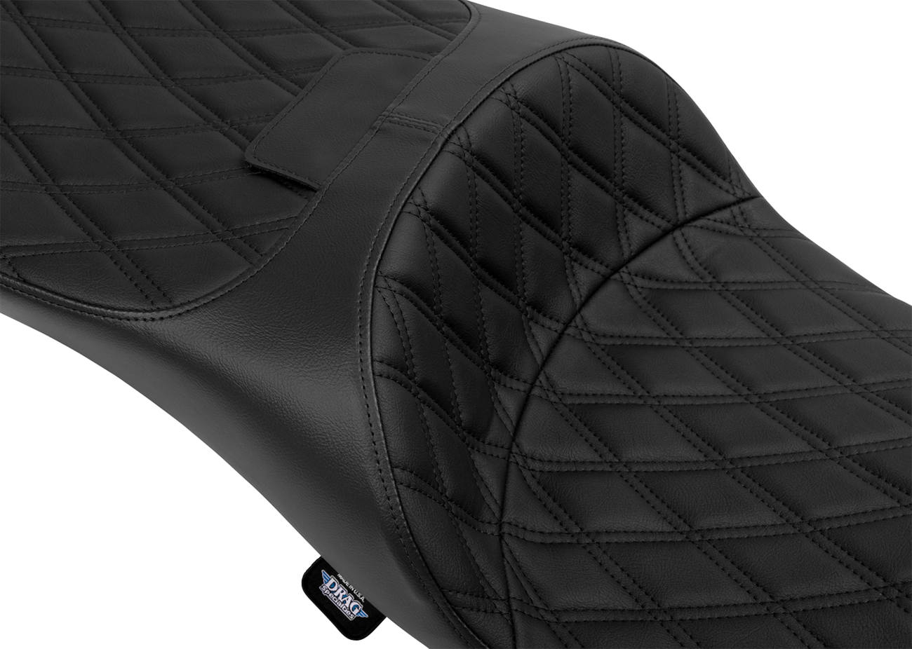 Black vinyl Drag Specialties extended reach Freedom seat with double diamond stitching for Harley FLT/FLH 2009-2025.