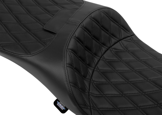 Black vinyl Drag Specialties extended reach Freedom seat with double diamond stitching for Harley FLT/FLH 2009-2025.