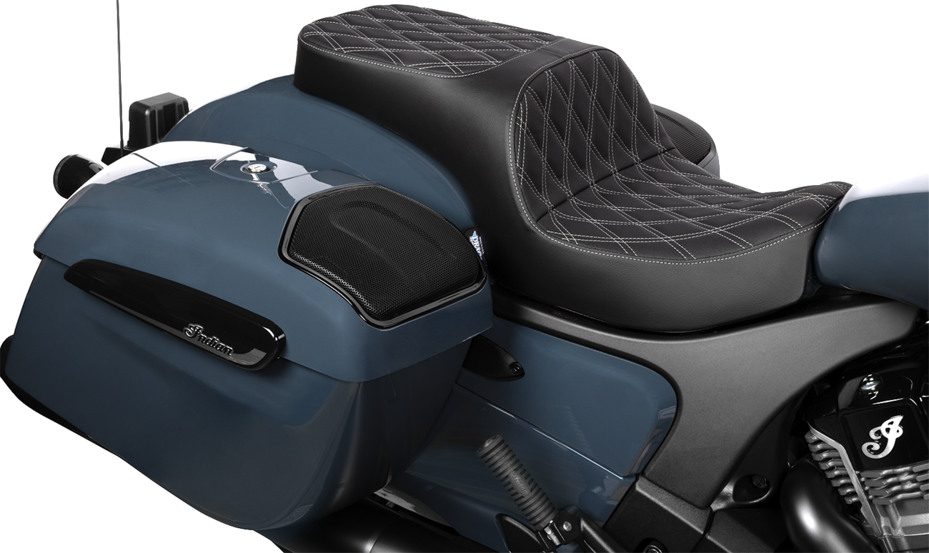 Drag Specialties Freedom Seat for Challenger and Chieftain motorcycles, vinyl with double diamond silver stitching.