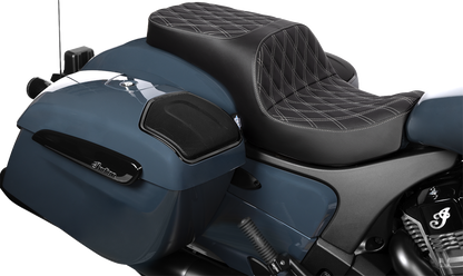 Drag Specialties Freedom Seat for Challenger and Chieftain motorcycles, vinyl with double diamond silver stitching.