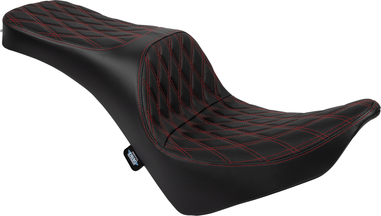 Drag Specialties Freedom Seat for FL/FX 2018-2025 with double diamond red stitch, vinyl seat designed for Harley Davidson motorcycles.