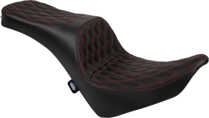 Drag Specialties Freedom Seat for FL/FX 2018-2025 with double diamond red stitch, vinyl seat designed for Harley Davidson motorcycles.
