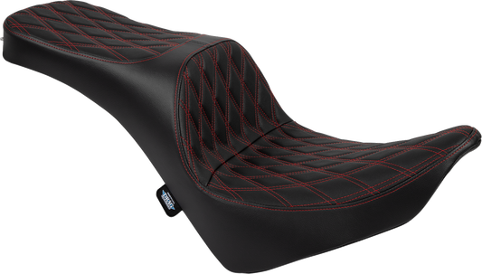 Drag Specialties Freedom Seat for FL/FX 2018-2025 with double diamond red stitch, vinyl seat designed for Harley Davidson motorcycles.