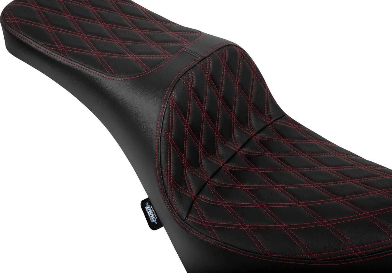 Drag Specialties Freedom Seat for FL/FX 2018-2025 with double diamond red stitch, vinyl construction, motorcycle seat.