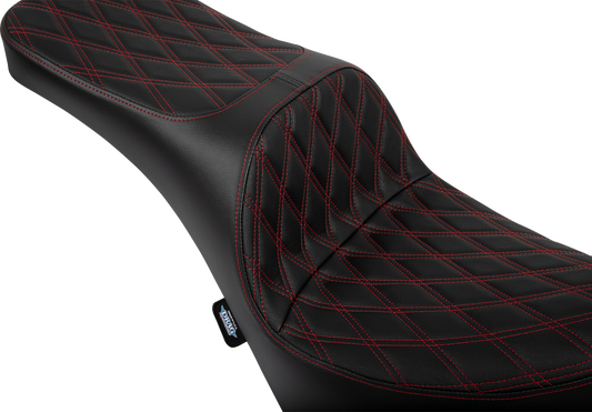 Drag Specialties Freedom Seat for FL/FX 2018-2025 with double diamond red stitch, vinyl construction, motorcycle seat.