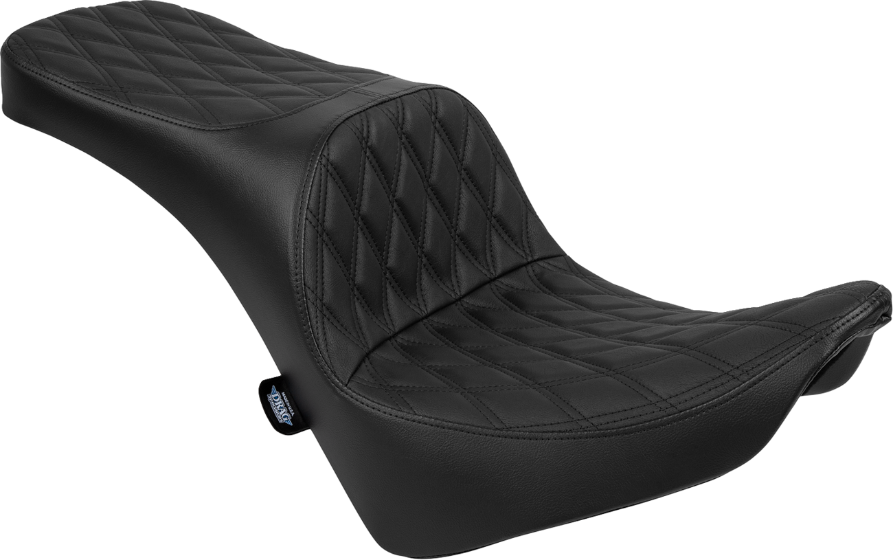 Drag Specialties Freedom Seat for Harley FL/FX 2018-2025, black vinyl with double diamond stitching, designed for comfort and style.