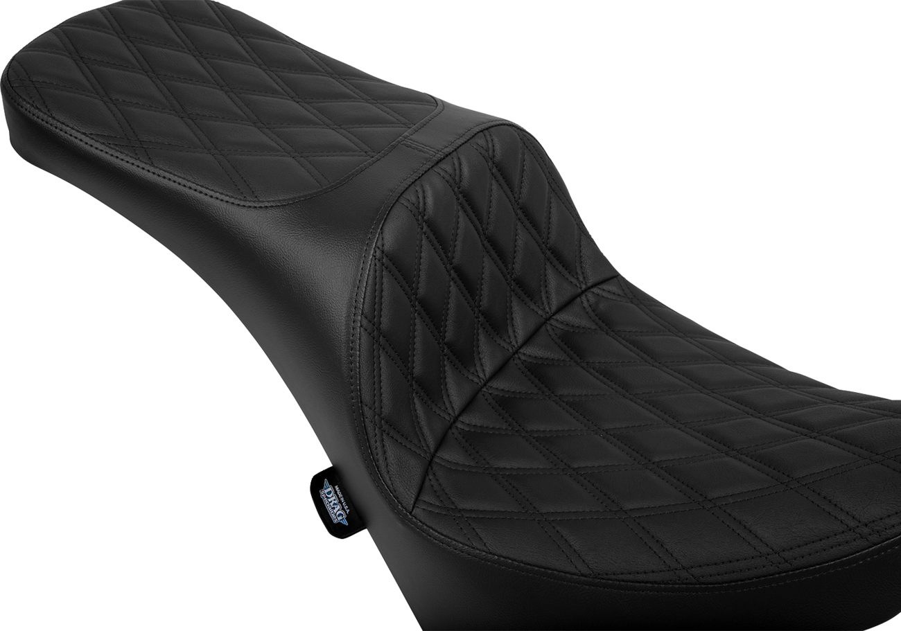 Drag Specialties Freedom Seat for Harley FL/FX 2018-2025 with black diamond stitch vinyl, featuring comfortable ergonomic design.