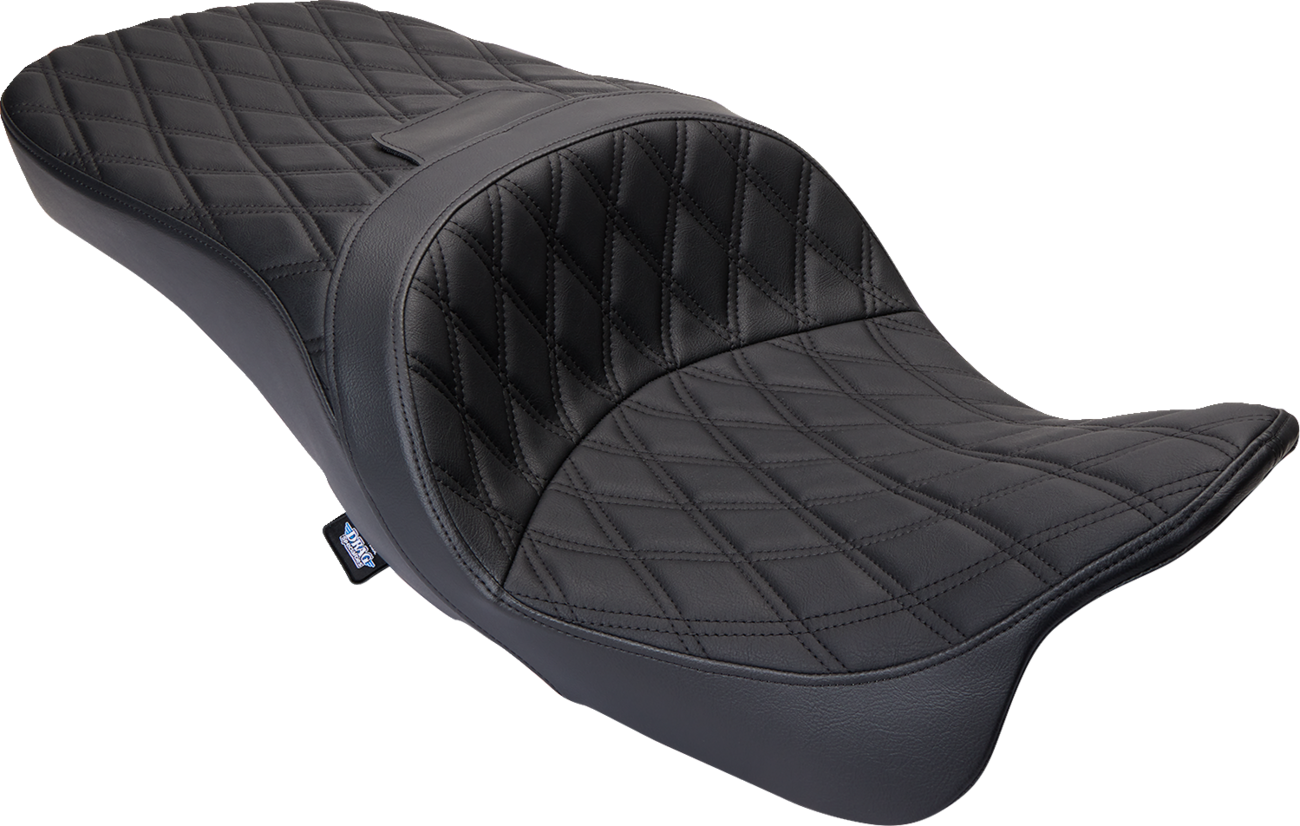 Harley FLH motorcycle with DRAG SPECIALTIES SEATS Freedom Seat in black vinyl with double diamond stitching.