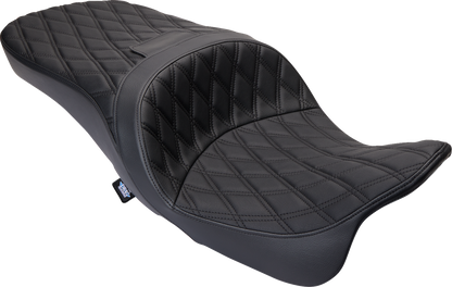 Harley FLH motorcycle with DRAG SPECIALTIES SEATS Freedom Seat in black vinyl with double diamond stitching.