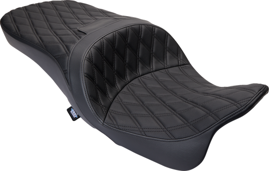 Harley FLH motorcycle with DRAG SPECIALTIES SEATS Freedom Seat in black vinyl with double diamond stitching.