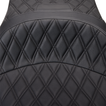 Black vinyl Drag Specialties Freedom Seat with double diamond stitching for Harley FLH models 2009-2023.