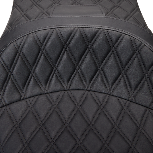 Black vinyl Drag Specialties Freedom Seat with double diamond stitching for Harley FLH models 2009-2023.