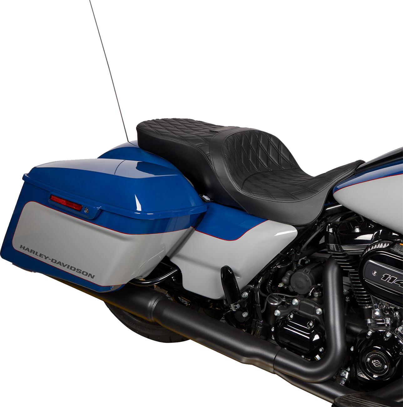 Harley FLH motorcycle with DRAG SPECIALTIES SEATS Freedom Seat in black vinyl with double diamond stitching, for models 2009-2023.