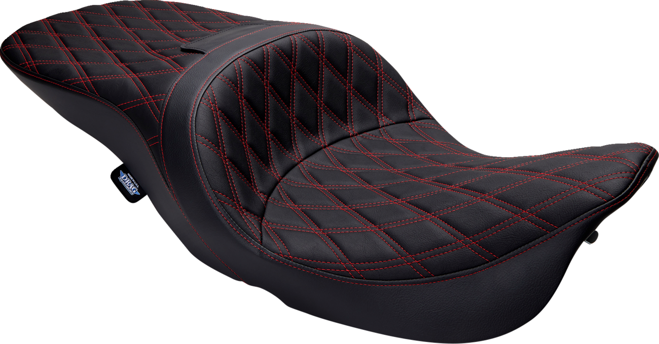 Drag Specialties Freedom Seat for FLH motorcycles, vinyl with double diamond red stitching, showcasing the seat's stylish design and stitching.