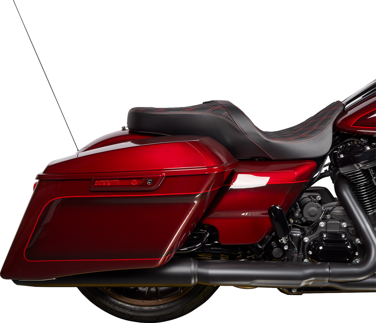 Drag Specialties Harley FLH Freedom Seat with Double Diamond Red Stitch for 2009-2023 motorcycles, showcasing sleek red stitching design.