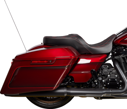 Drag Specialties Harley FLH Freedom Seat with Double Diamond Red Stitch for 2009-2023 motorcycles, showcasing sleek red stitching design.