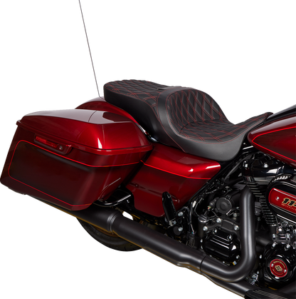 Drag Specialties Freedom Seat with Double Diamond Red Stitch for Harley FLH 2009-2023, showing the stylish stitched seat design.