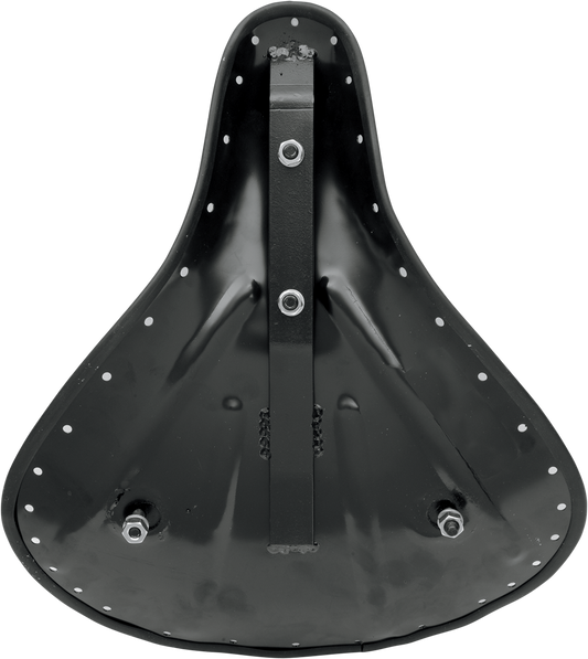 Drag Specialties large spring solo seat pan with cushioned seat for motorcycle comfort and style.