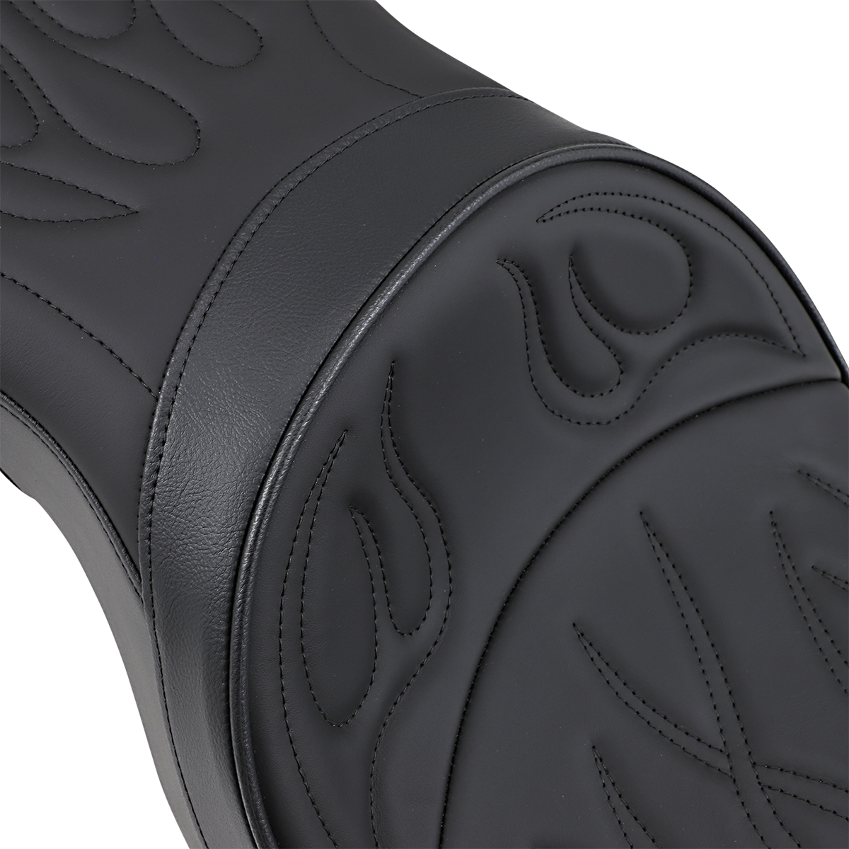 DRAG SPECIALTIES SEATS low profile flame stitched seat for Harley XL motorcycles from 2004 to 2022, shown in close-up view.