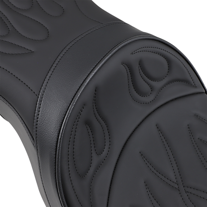 DRAG SPECIALTIES SEATS low profile flame stitched seat for Harley XL motorcycles from 2004 to 2022, shown in close-up view.