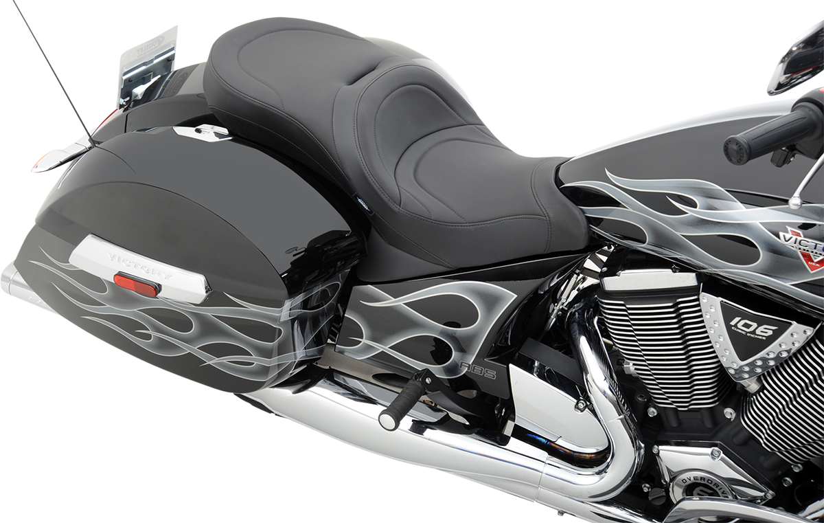 Drag Specialties low-profile touring seat with mild stitching for Victory 2010-2015 motorcycle, designed for comfortable long rides.