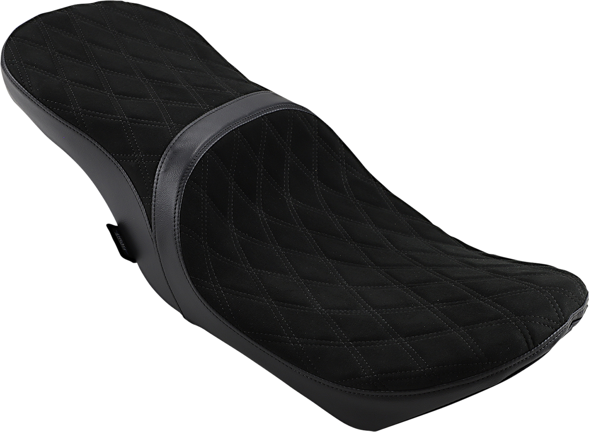 DRAG SPECIALTIES LOW TOURING SEAT with vinyl and faux suede for Harley FL 2008-2023, showing the seat on a motorcycle.