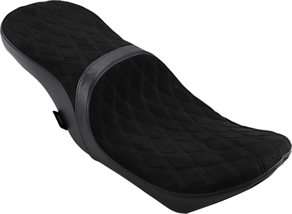 DRAG SPECIALTIES LOW TOURING SEAT with vinyl and faux suede for Harley FL 2008-2023, showing the seat on a motorcycle.