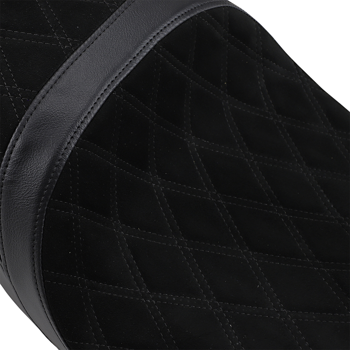 Drag Specialties low touring seat with vinyl and faux suede for Harley FL 2008-2023, showing the seat's ergonomic design and materials.