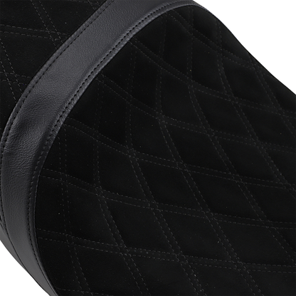 Drag Specialties low touring seat with vinyl and faux suede for Harley FL 2008-2023, showing the seat's ergonomic design and materials.