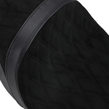 DRAG SPECIALTIES SEATS low touring seat with vinyl cover for Harley FL models 2008-2023, shown on a motorcycle.