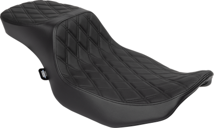 Black vinyl Drag Specialties Performance Predator 2-up seat with double diamond stitching for FLHX and FLTR 2023-2024 motorcycles.