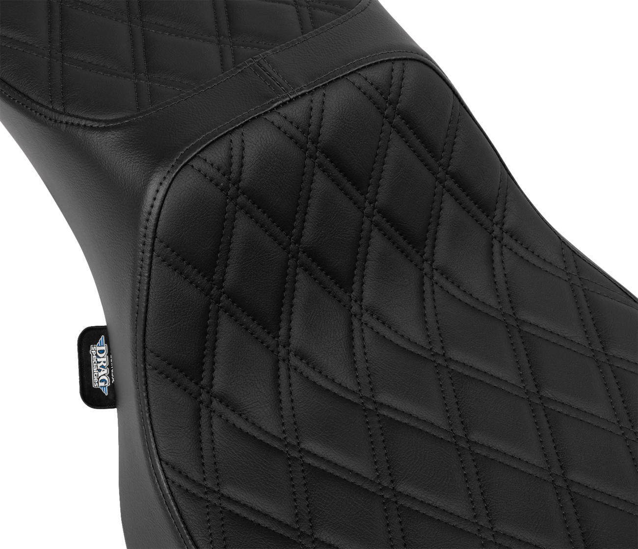 Black vinyl Drag Specialties Performance Predator 2-up seat with double diamond stitch for FLHX and FLTR Harley motorcycles.