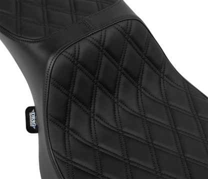 Black vinyl Drag Specialties Performance Predator 2-up seat with double diamond stitch for FLHX and FLTR Harley motorcycles.