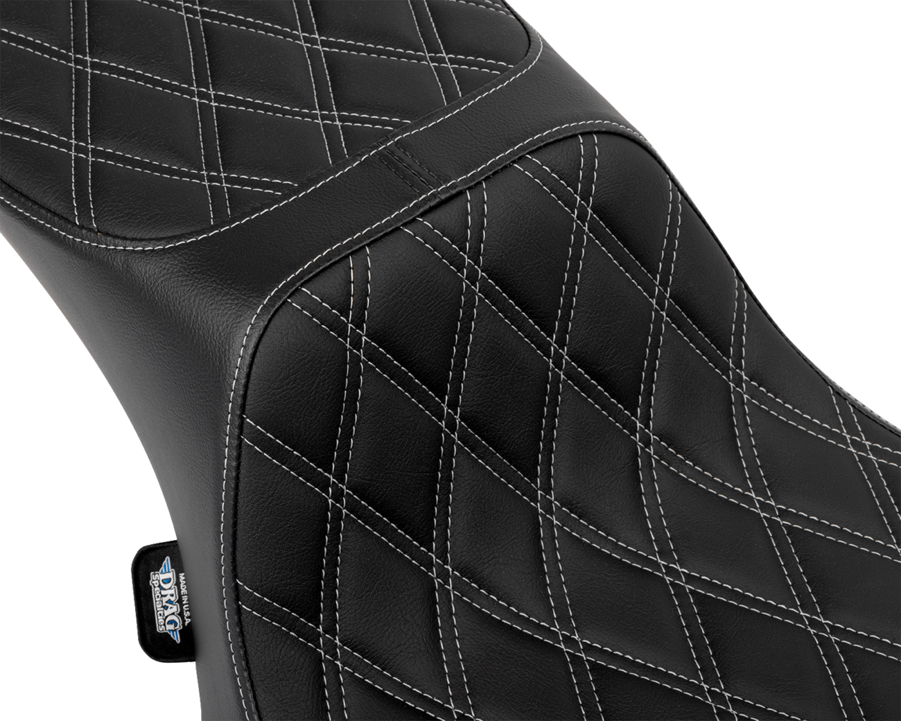 Drag Specialties Seats Performance Predator 2-up motorcycle seat with extended reach, silver double diamond stitch, for enhanced rider comfort.